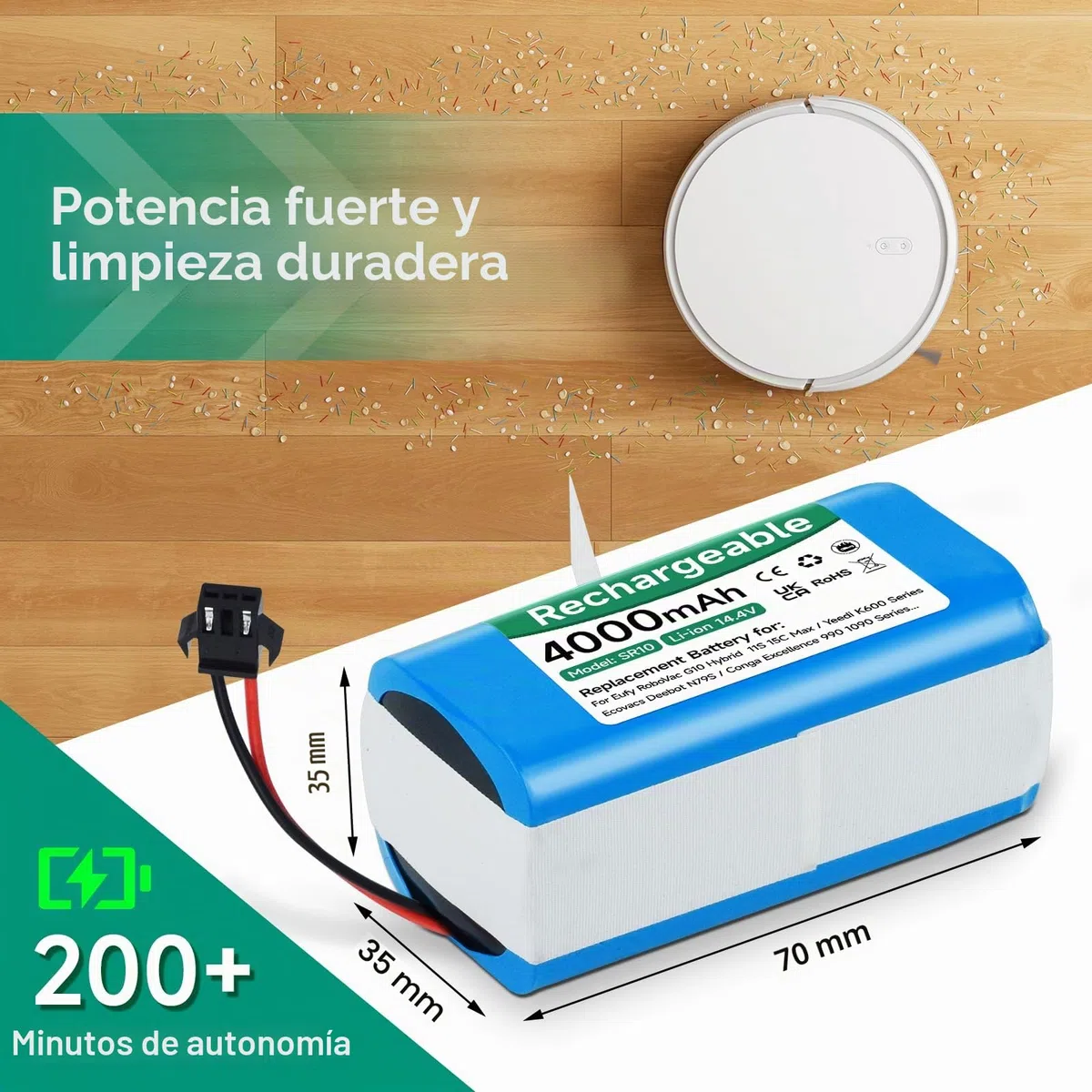 4000 mAh 14,4V Batería para Venga RVC 3000,Conga 990/1090/1790,Conga 2290 Ultra,Neatsvor x500,Ikonhs netbot S14/S15,Proscenic 850T,Ultenic D5/D5s,Tesvor S6/X500,Eufy RoboVac 11s/30c/G10