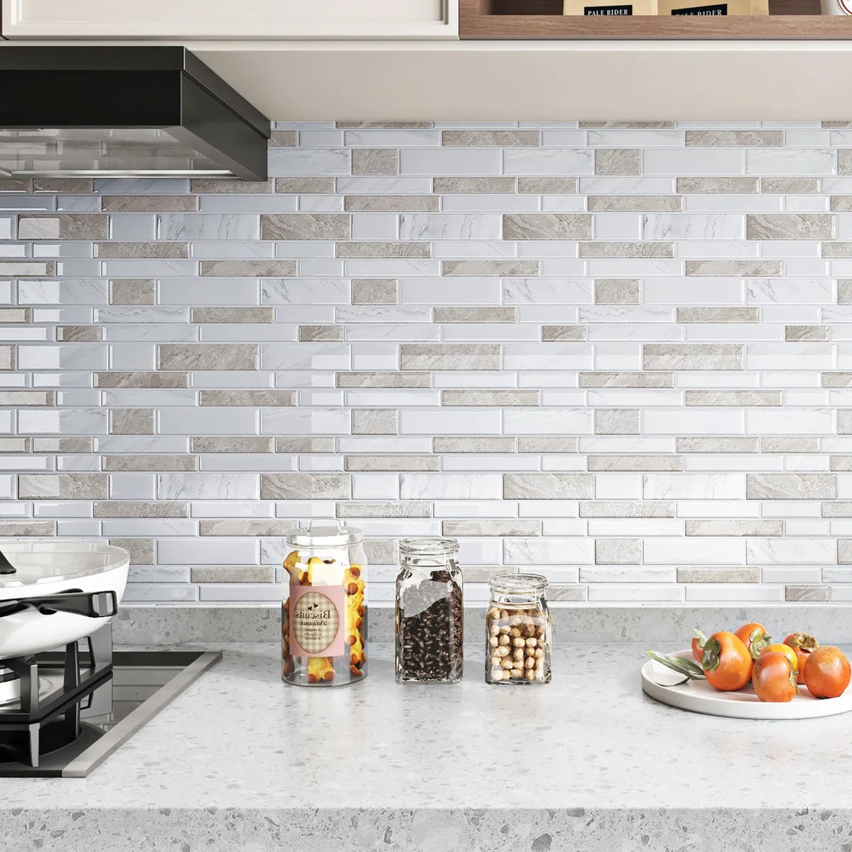 Livelynine Azulejos Adhesivos Cocina 3D Efecto Marmol Beige Blanco 30x30CM Baldosas Adhesivas Pared Baño Efecto Pietra Marron Claro Impermeable Losetas Autoadhesivas Pared Cocina Metro 3D, 4 Piezas