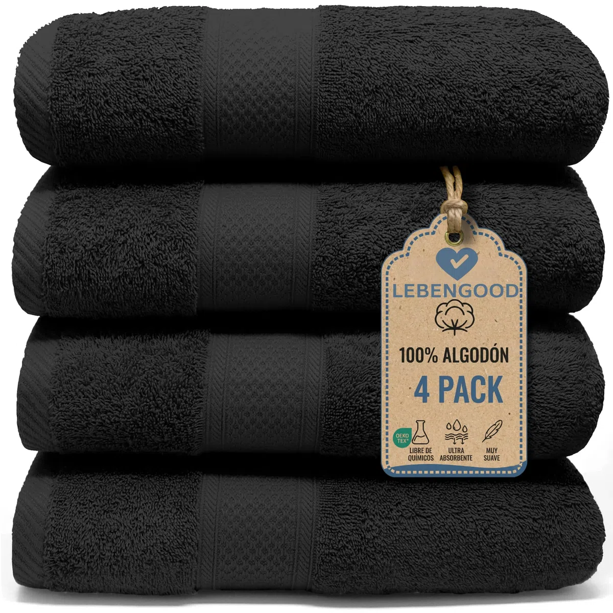 LEBENGOOD Juego de Toallas Baño y Lavabo 100% Algodón Premium 550gsm | Toallas Suaves, Absorbentes y Resistentes para Ducha, Hotel, SPA y Gym | Set de 4 Toallas Mano y Cuerpo (4 50X90 Negro)