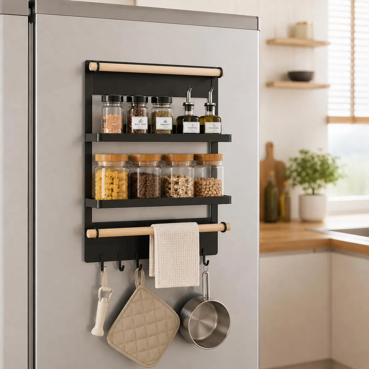 Estantería Magnética para Especias 2 Niveles con 6 Ganchos, Organizador de Cocina Negro Mate, Compacto y Funcional 26,5x18x19 cm, Ahorra Espacio y Ordena Fácilmente