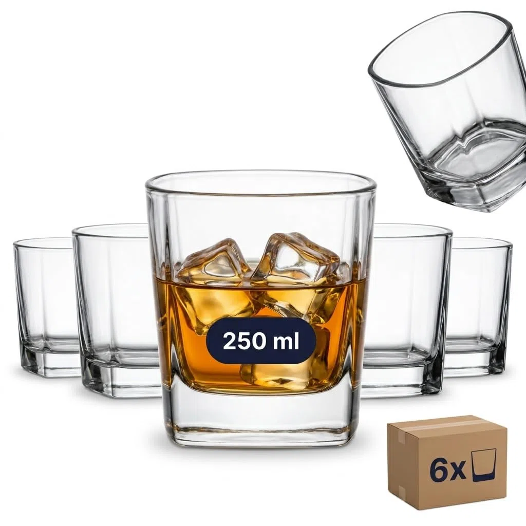Gouveo Juego de 6 Vasos de Cristal de 250 ml - Vasos de Whisky y Coñac, Diseño Ligeramente Cuadrado - Set de Regalo para Hombres y Amantes de las Bebidas Finas