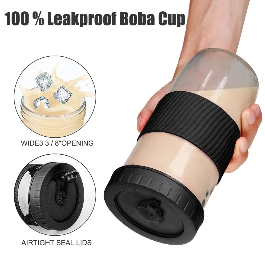 Vaso de té de Burbujas con Pajita y Tapa, 730ML Bubble Tea Cup con Boca Ancha, Reutilizables Taza de té Boba, Vaso de Vidrio Mason Jars Boba Tea, Batidos, Vasos de Cóctel, sin BPA