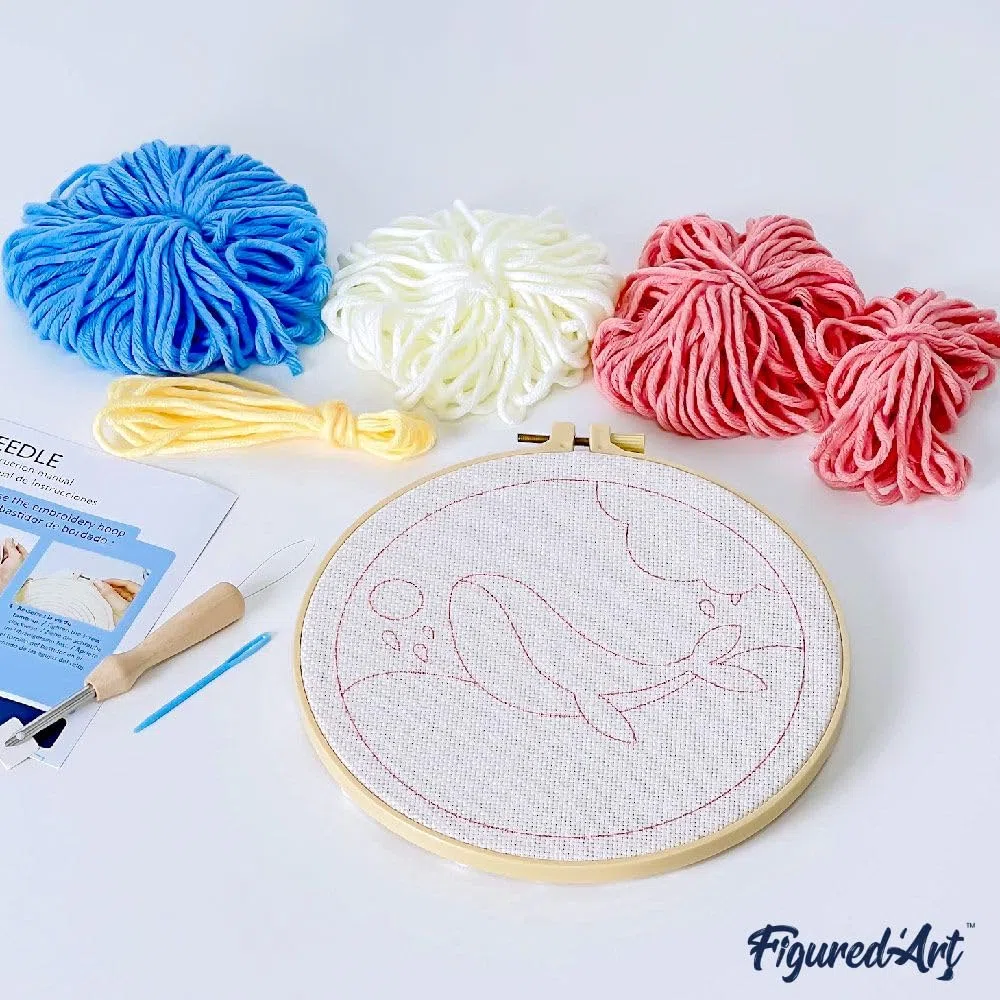 Figured'Art Punch Needle Kit de Bordado Adultos y Niños - Arcoíris - Manualidades Kit de Aguja Mágica DIY completo - 20x20cm con bastidor circular