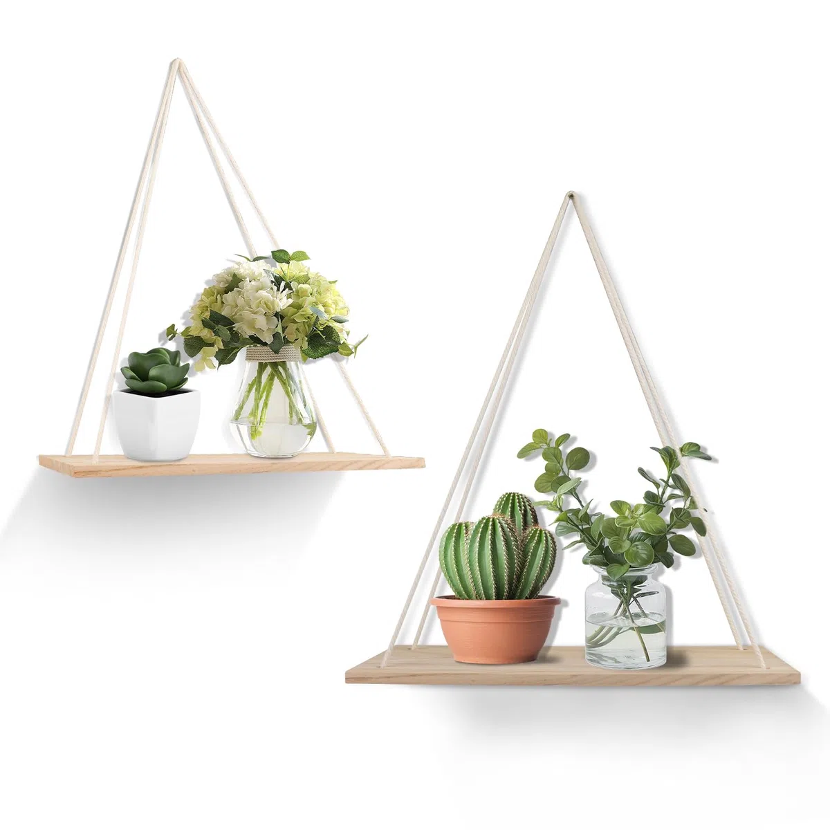 YIYA 2pcs Estante Colgante de Madera Estantes Flotantes de Madera con Cuerda Boho Decor para Salas Decoración Pared de Estar, Dormitorio, Oficina,de Baño Decoración de Plantas Pequeñas
