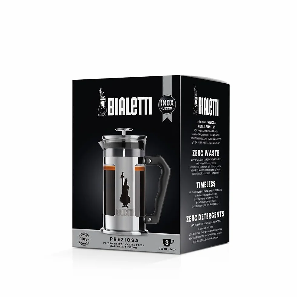 Bialetti Prensa de café Preziosa, filtro de prensa francesa para café o té, cuerpo de acero inoxidable y recipiente de vidrio borosilicato, apto para lavavajillas, 350 ml, para 3 tazas