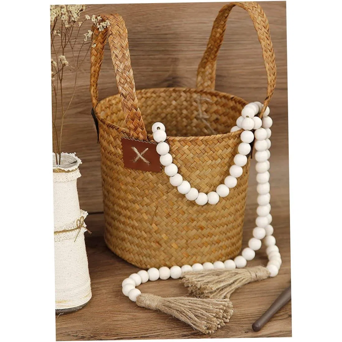 Accesorios decorativos para el hogar, guirnalda de cuentas de madera, guirnalda de borlas, 1 paquete de guirnalda de cuentas de madera de 60 pulgadas con borlas, cuentas rústicas para decoración de