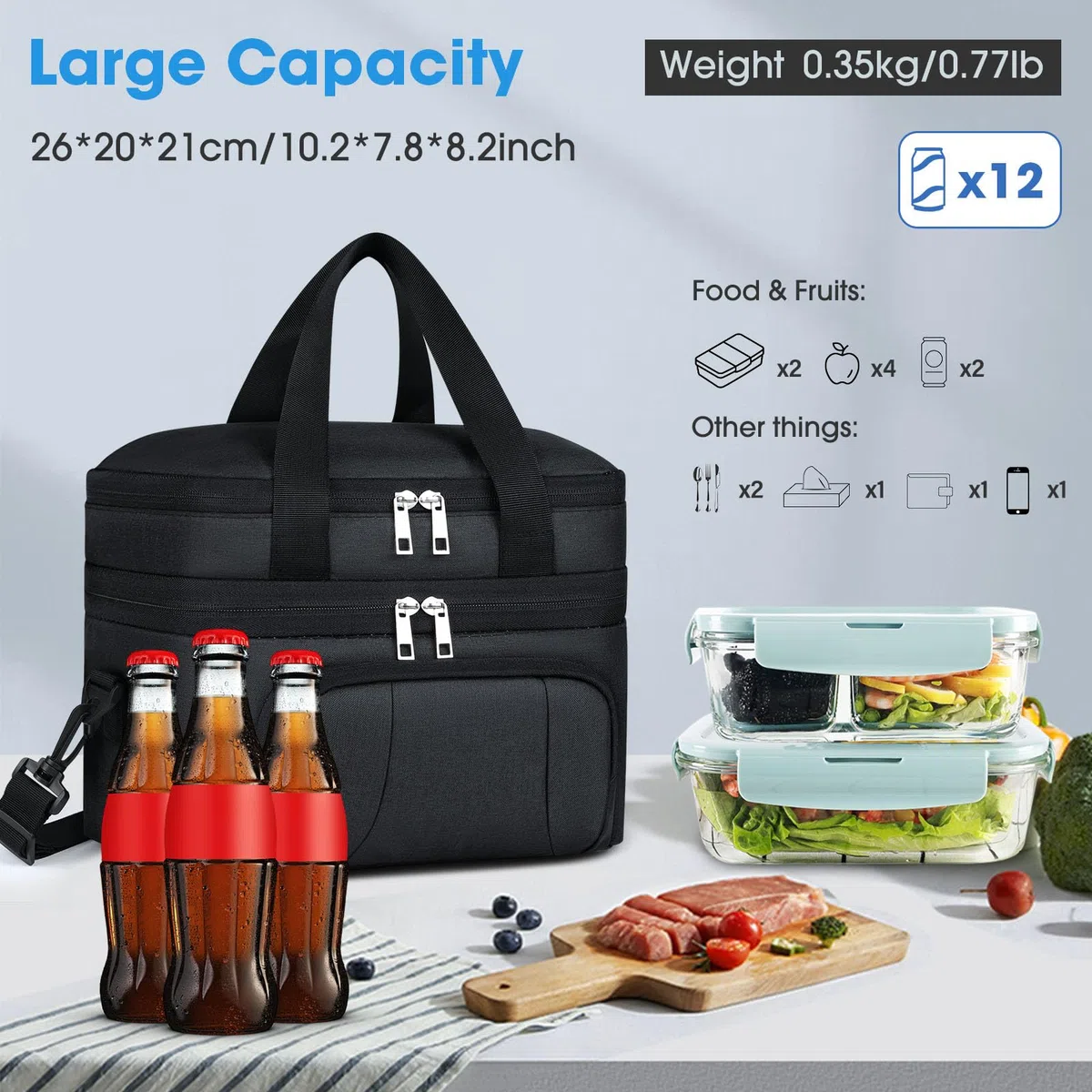 RAINSMORE Bolsa Termica Porta Alimentos 10L Bolsa Comida Trabajo Bolsa Isotermica Lunch Bag Bolsa Almuerzo para Oficina Viaje Pícnic Negro