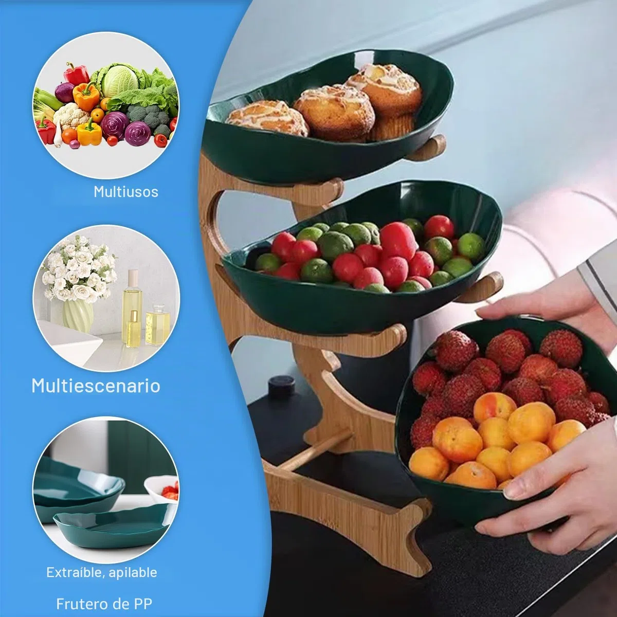 Cesta de frutas de 2 niveles, estante para verduras, cesta de pan, estante de madera de polipropileno, bandeja de servir, cestas de frutas, estante de almacenamiento de verduras para cocina, hogar