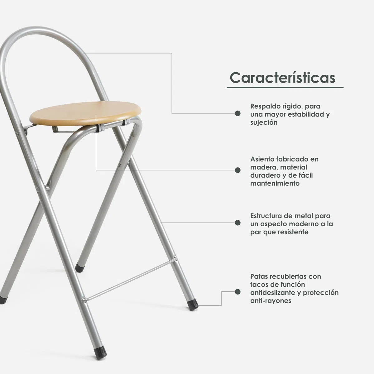 thesecrethome.es - Pack de 1, 2 o 4 Taburetes Plegables con Respaldo - Sillas Plegables de Metal y Madera - Ideales para Cocina, Terraza o Jardín - Alto. 80 cm x Largo 40 cm (1 Unidad)