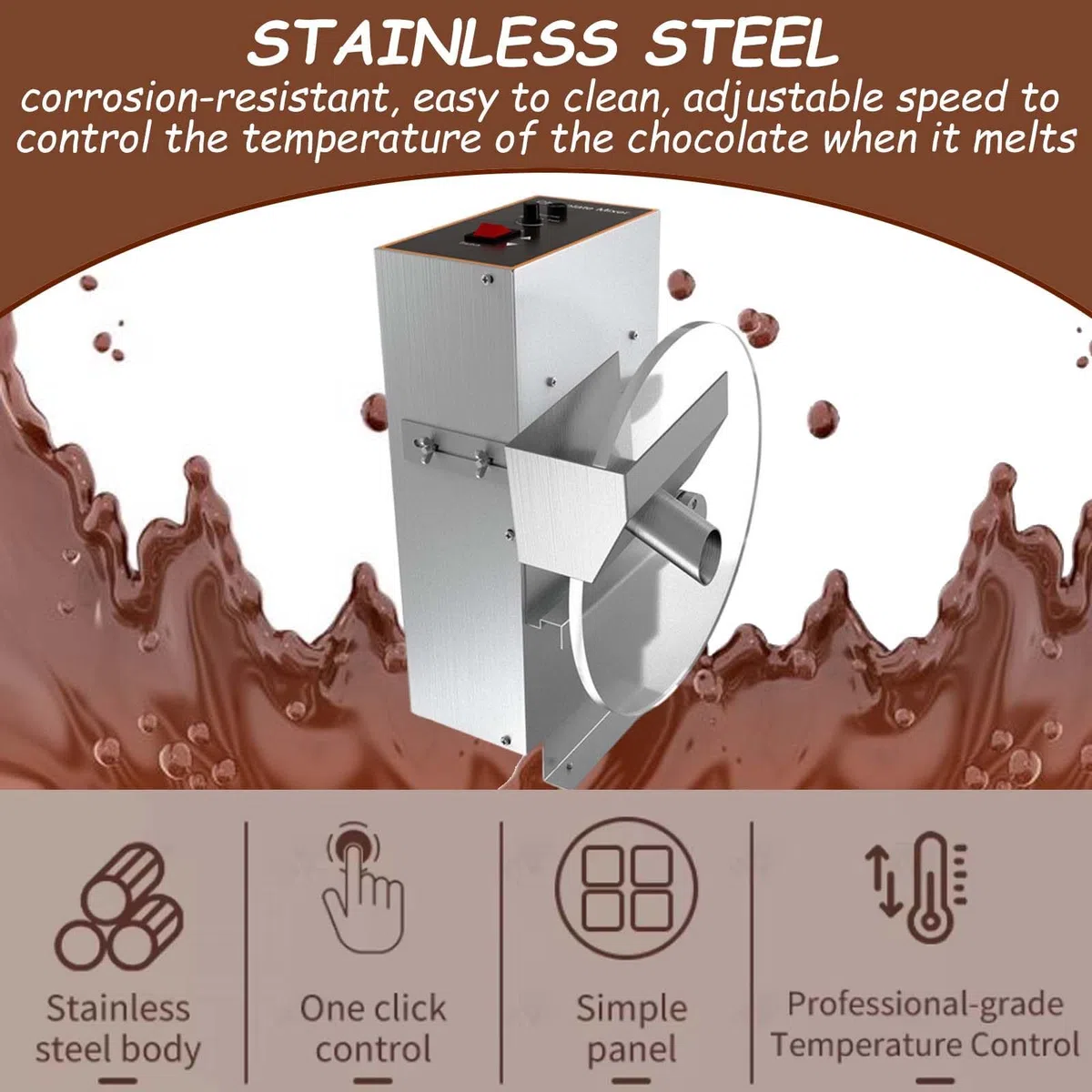 Horno de fusión de chocolate de acero inoxidable con rueda mezcladora y tanques extraíbles para cafeterías y chocolaterías, ideal para fundir y mezclar chocolates