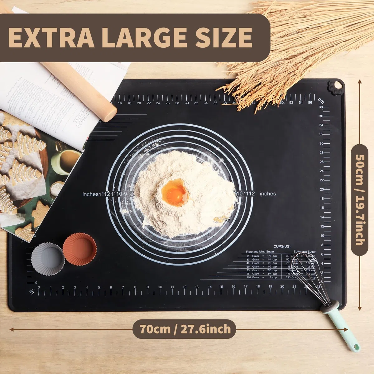 SUPER KITCHEN Alfombrilla de Silicona para Repostería 70x50cm con Bordes Levantados, Medidas y Antiadherente - Extra Grande y Gruesa para Amasar, Extender Masa y Fondant (Negro)