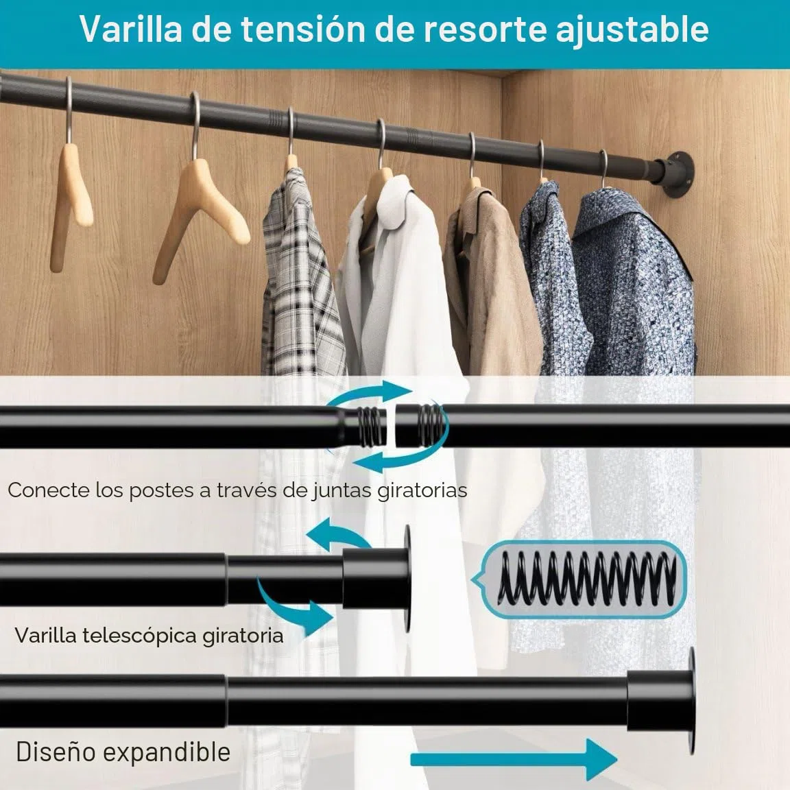 Riel de armario extensible para colgar en la pared, para ropa, dormitorio, ventanas y duchas, 45-66 cm de diámetro, 25 mm, color blanco