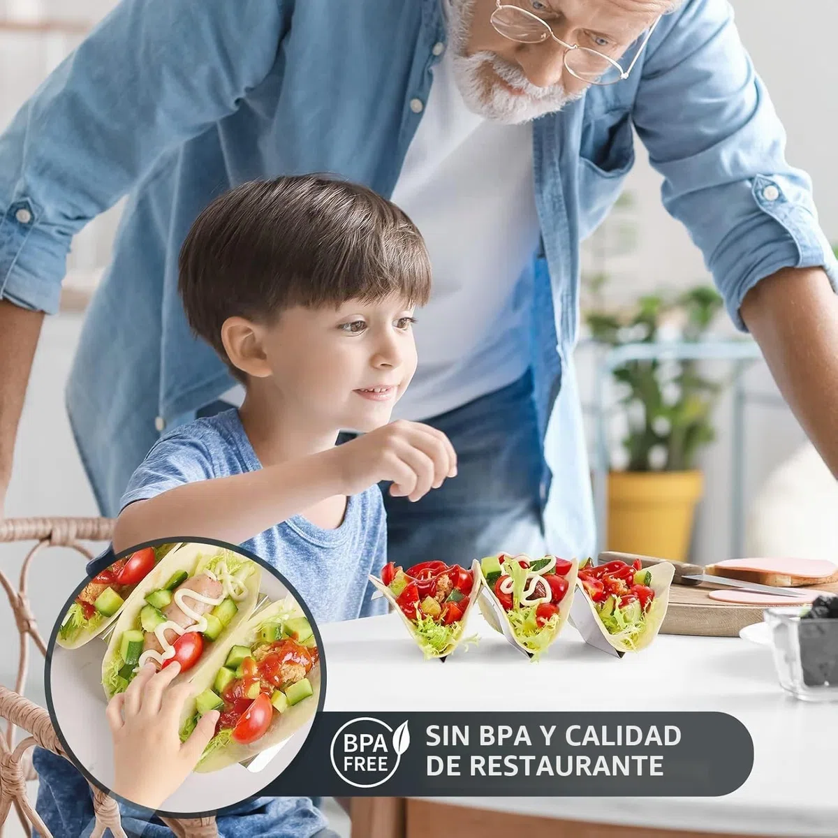 LATERN 6 Piezas Soportes para Tacos, 21CM x 10CM Soporte para Tacos de Acero Inoxidable Bandeja Vertical para 3 Piezas Tacos Elegantes Soportes con Asas - Apto para Horno, Parrilla y Lavavajillas