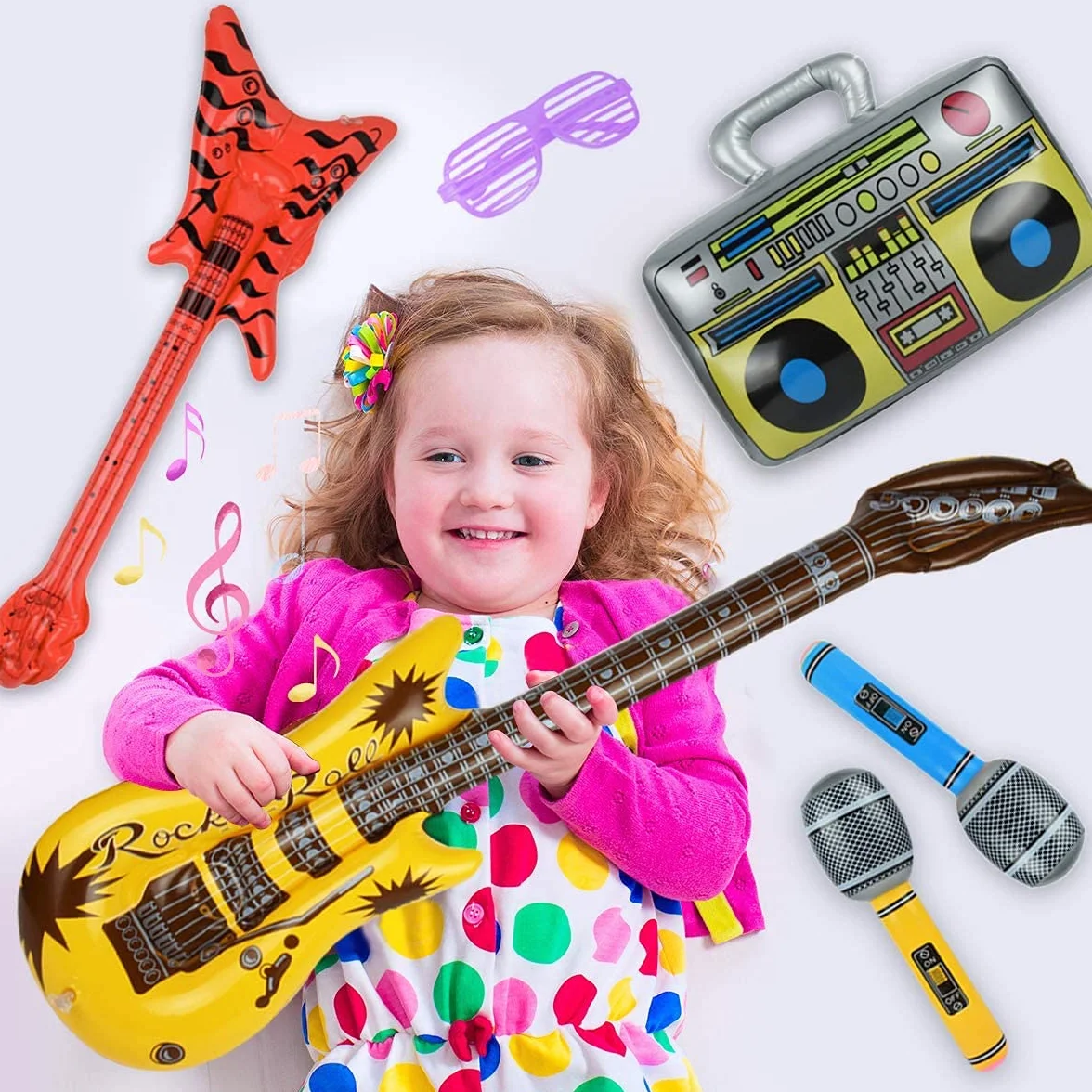 LATERN 22 Piezas Instrumentos Musicales Inflables, Juguete Inflable De Estrella De Rock Guitarras Saxofones Micrófonos Radio Teclado Bajos Y Gafas Para Favores Photo Booth Props - Con Bomba De Aire