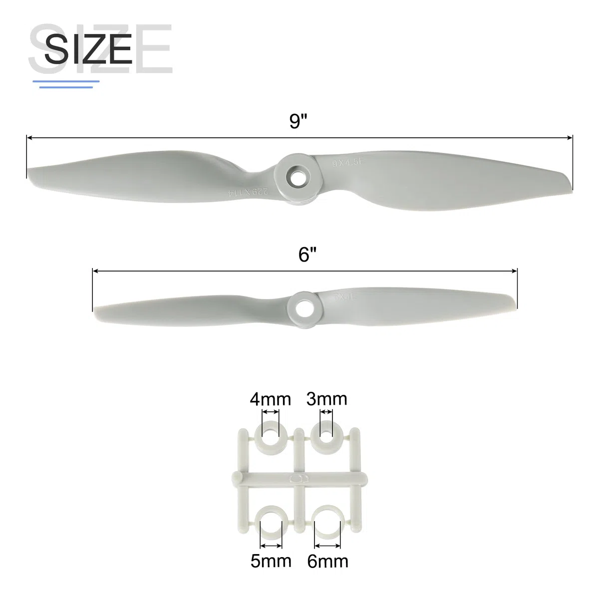 QUARKZMAN 6x4" 9x4.5" Hélice de Avión RC 2 Aspas con Anillos Adaptadores Hojas de Hélice RC para Aviones Eléctricos, 4 Pcs, Gris