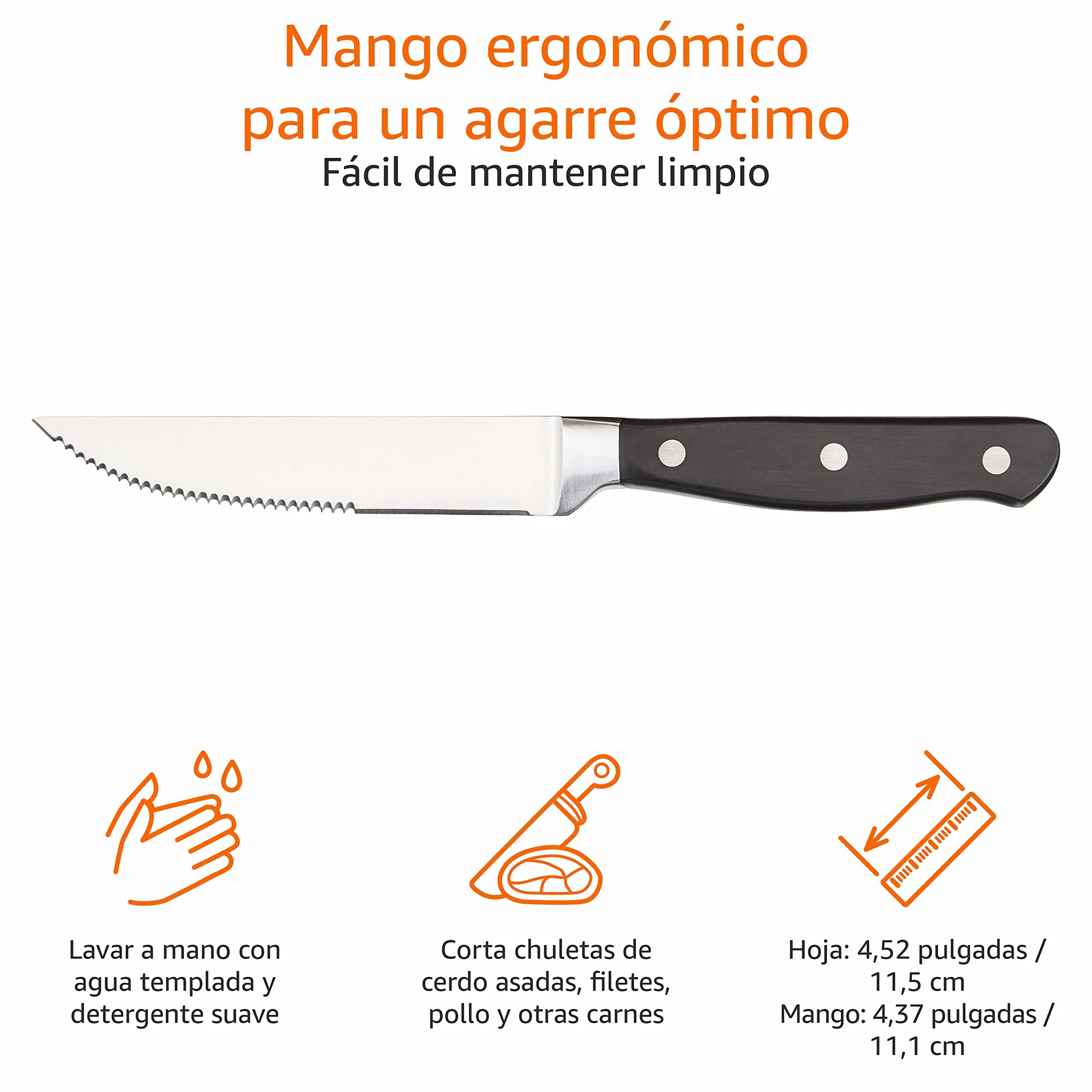 Amazon Basics Juego de cuchillos de carne, 8 Unidad, Negro/Acero inoxidable cepillado