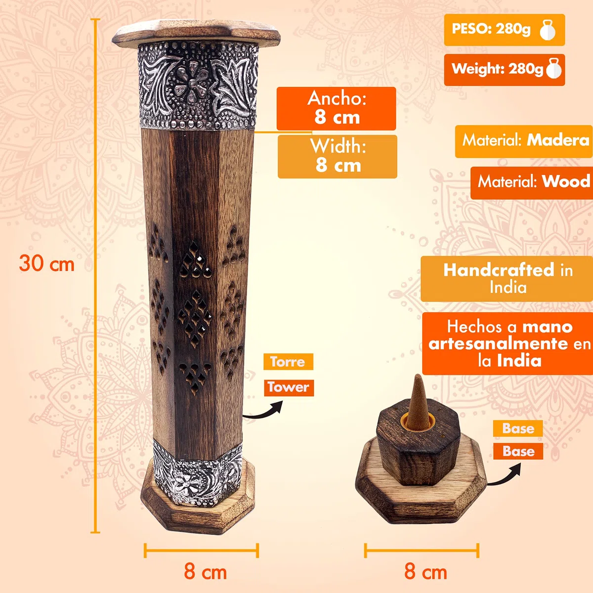 Quemador de Incienso (incensario) Torre en Madera Tallada a Mano en India - Exclusivo y único diseño. 30x8x8 cm - Peso 190 g. Porta Incienso Madera