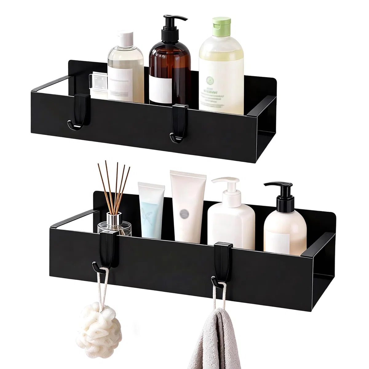 2 Piezas Estante de Ducha sin taladrar, Negro, Estante de Almacenamiento de baño Inoxidable, Estante para champú y Gel de Ducha, Cesta de Ducha de Metal Negro Mate, con 4 Ganchos
