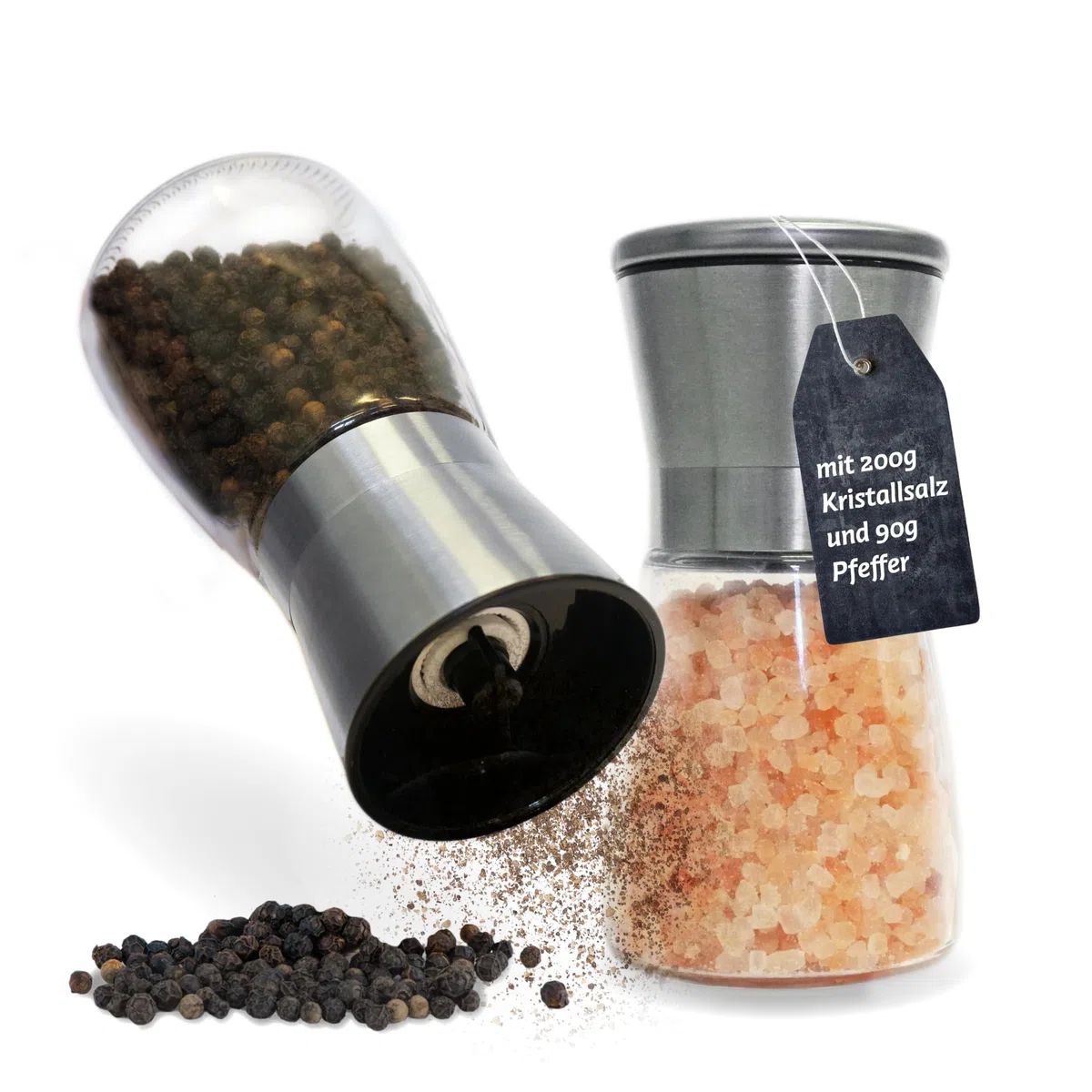 Küper Selection - Juego de 2 molinillos de especias - con pimienta negra y sal de cristal rosa - Molinillo de sal y pimienta - Juego de 2 especias - 90 g de pimienta - 200 g de sal