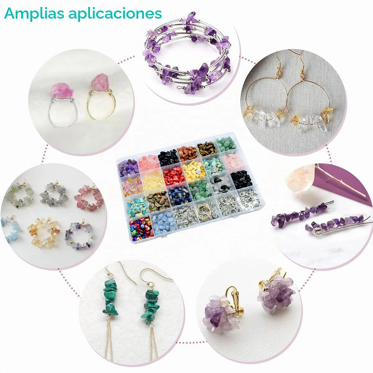 Juego de 24 colores para hacer joyas, 1073 cuentas de piedras preciosas naturales con agujero, cuentas de piedra de 5 a 7 mm para manualidades, joyas, pulseras, collares y pendientes, juego de cuentas