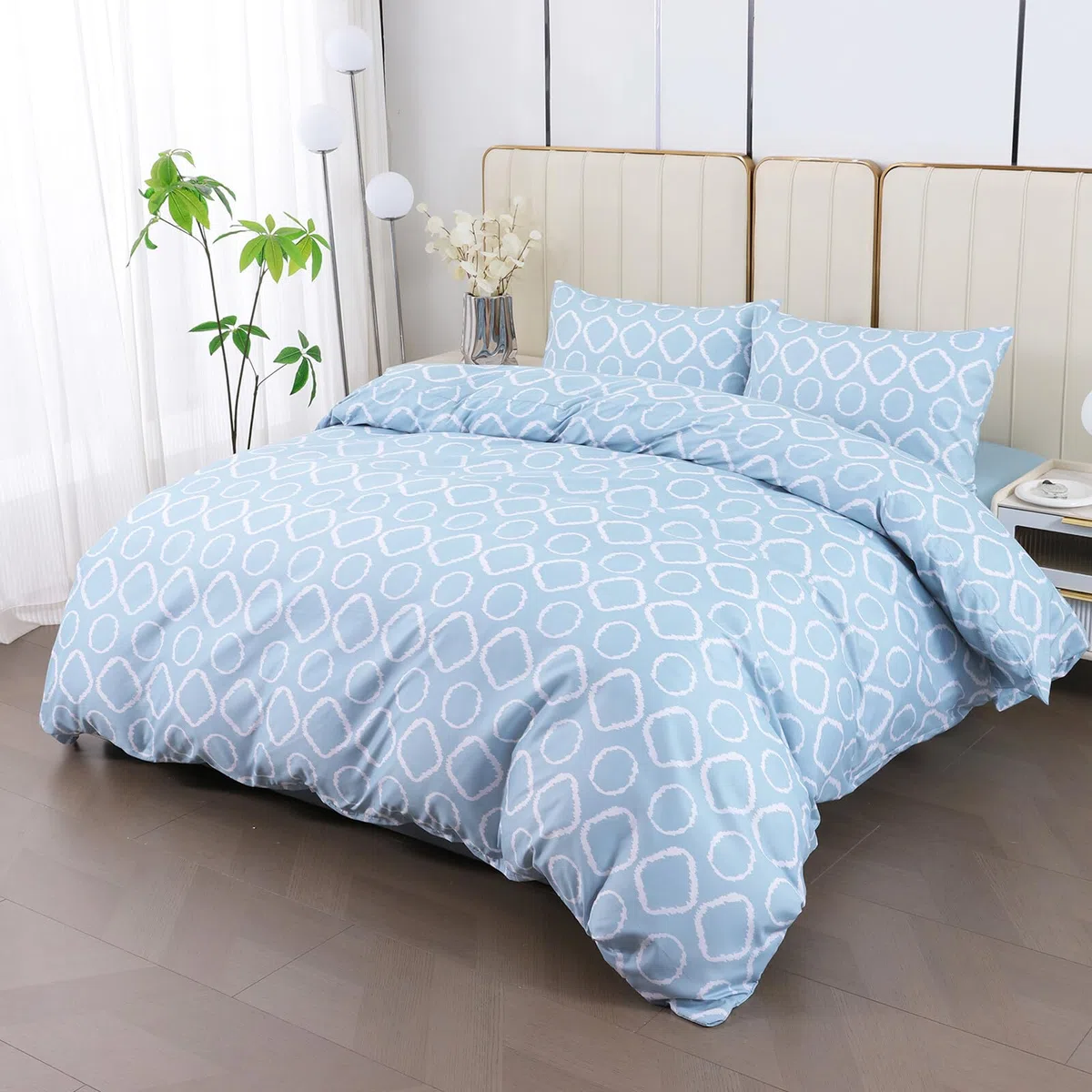 Juego Funda Nórdica 4 Piezas para Cama 135 - Funda Nordica 220x220cm, Bajera 135x200cm, 2 Fundas Almohada 50x75cm, Estampado Círculos Azul Claro, Microfibra Suave Transpirable