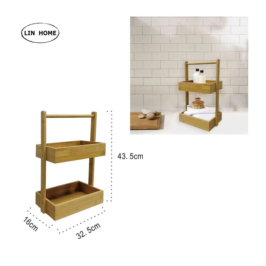XZ-22130-2 Estante Organizador de Madera Natural Rectángulo con los Marcos Metal para Baño, Alacena, Lavandería, Multifunción 2 Niveles
