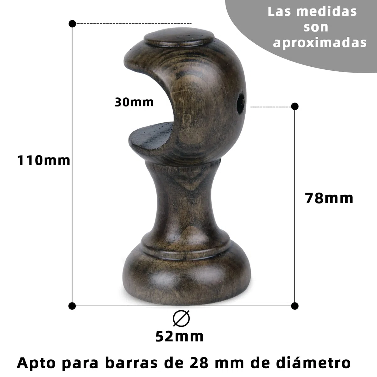 MERCURY TEXTIL- Pack de Dos Soportes para Barra Individual y para Barra Doble de Madera, Liso, Abierto para Barra de ø 28 mm. Colgador de Barra. (Marrón-Individual)