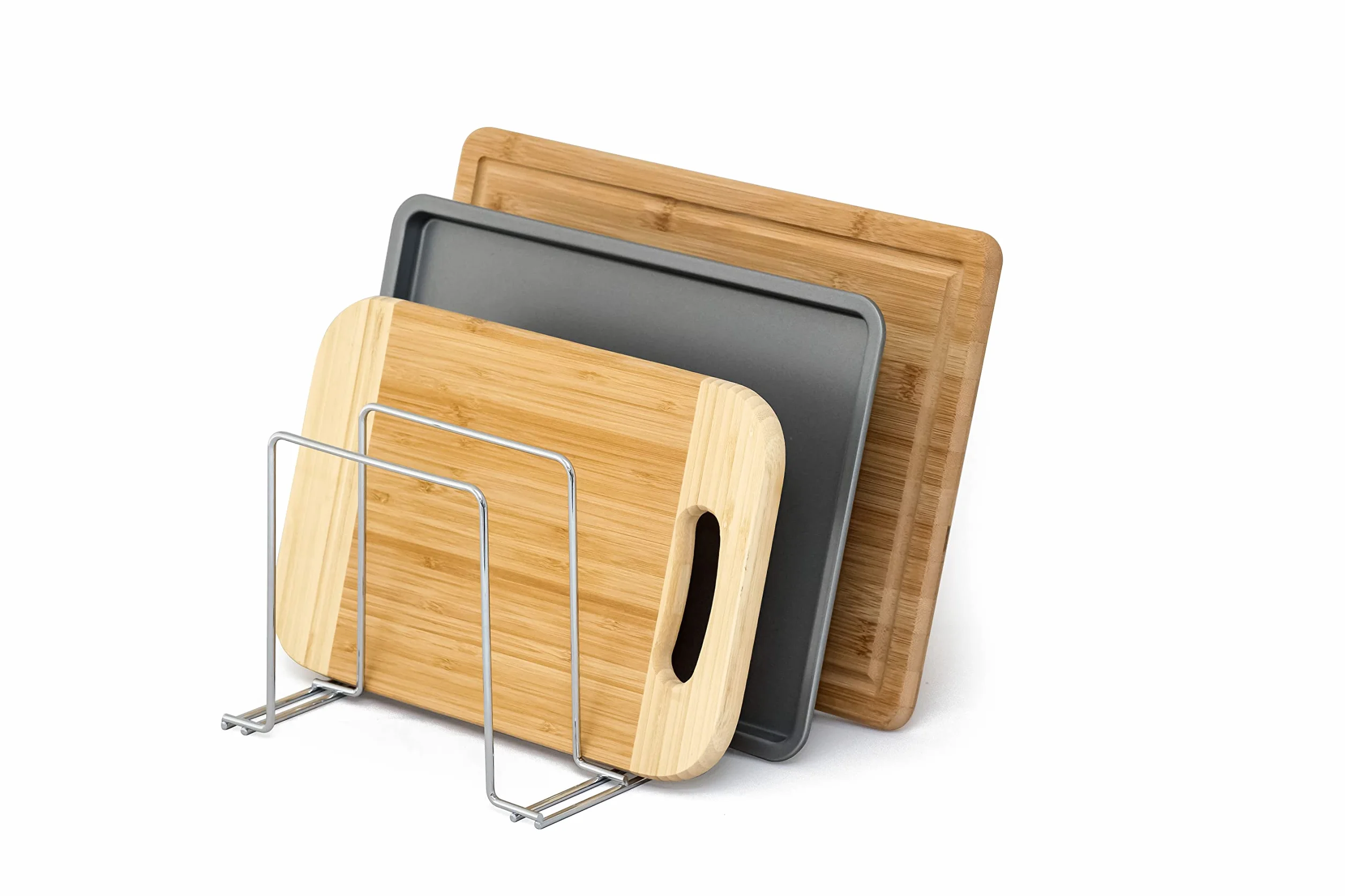 simplywire – Soporte para Bandejas de Horno y Tablas de Cortar - Almacenamiento de Sartenes - Organizador para Armarios de Cocina – Acero Recubierto de Cromo