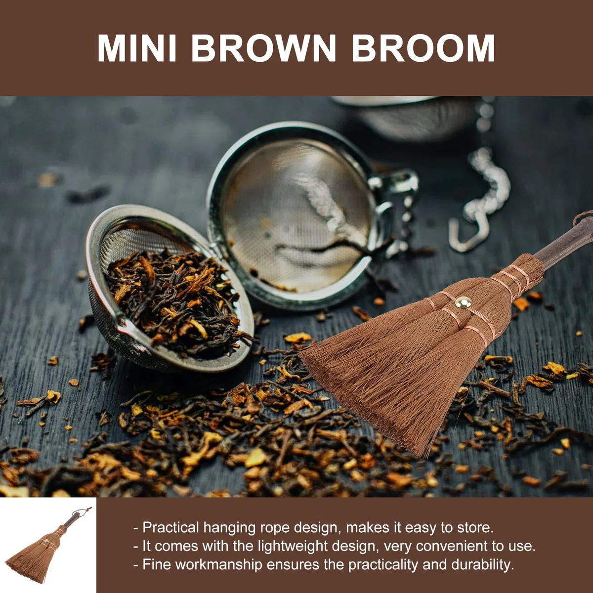 Ipetboom Escoba De Palma Mini De Mano 9.4 Pulgadas Ligera con Cuerda Colgante Practica para Limpieza En Hogar Cocina Y Ceremonia Té