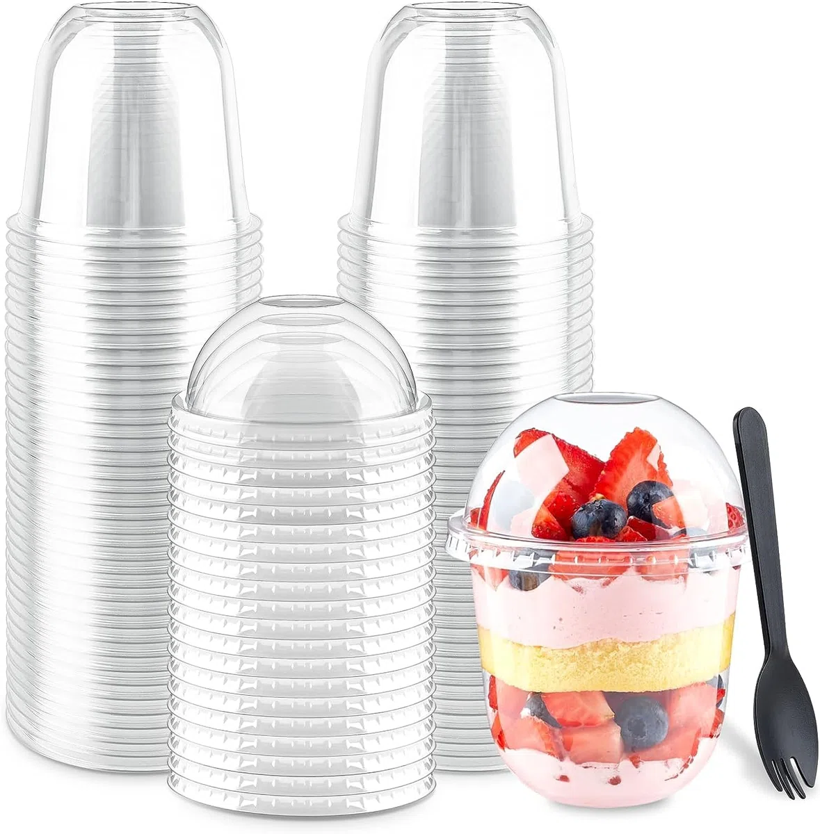 LATERN 50 Piezas Vasos de Postre de Plástico con Cúpula Tapas, 360ml Tazas de Postre Redondas Taza de Aperitivo de Parfait Transparente Tazón para Servir Reutilizable con Tenedores para Pudín Mousse