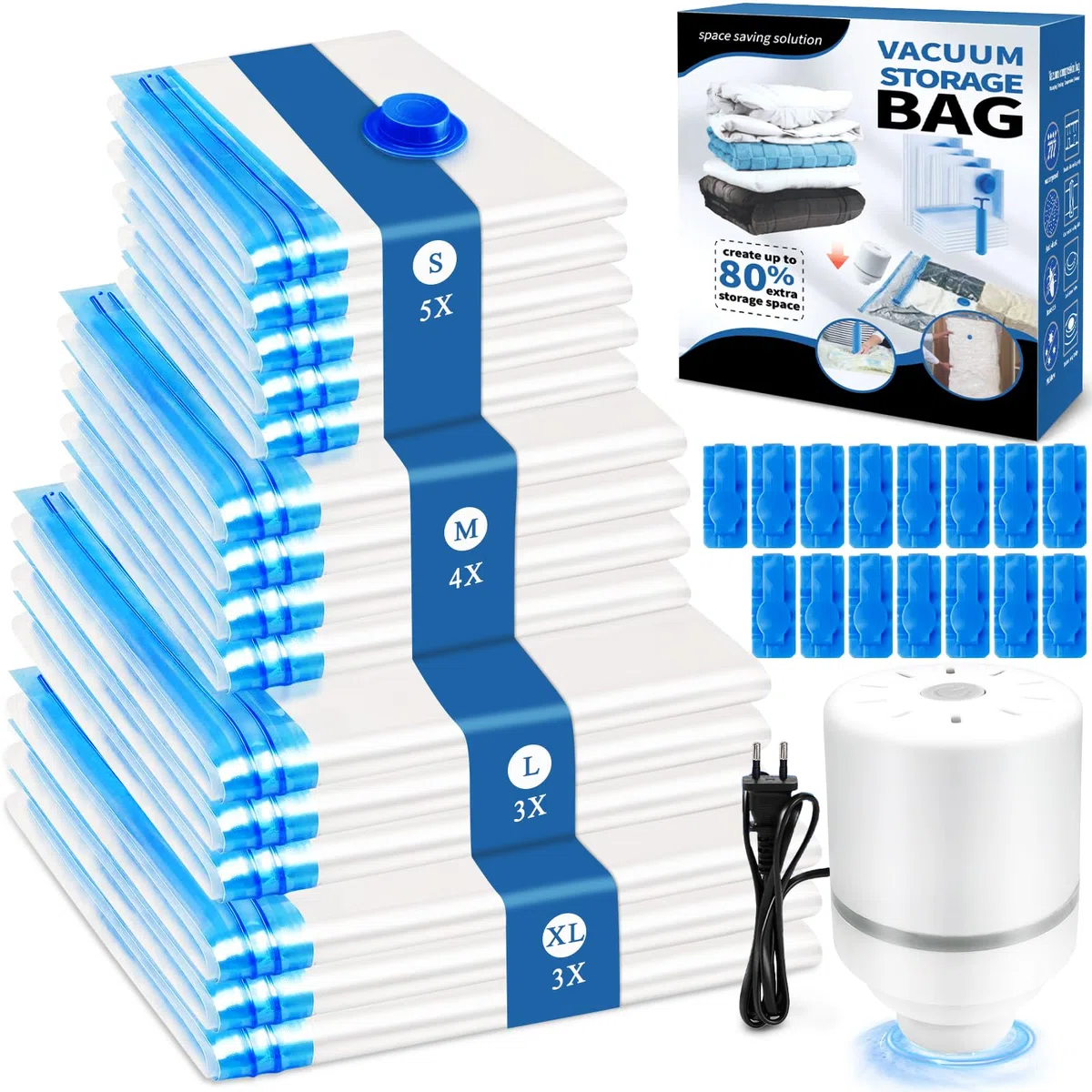 Bolsas Vacio Ropa con Bomba Eléctrica, 15 Bolsas de Vacio 3x100*70cm, 3x80*60cm, 4x70*50cm, 5x60*40cm, Reutilizable Vacuum Storage Bags, Bolsa Vacio Ropa para Mantas, Edredones, Colchas