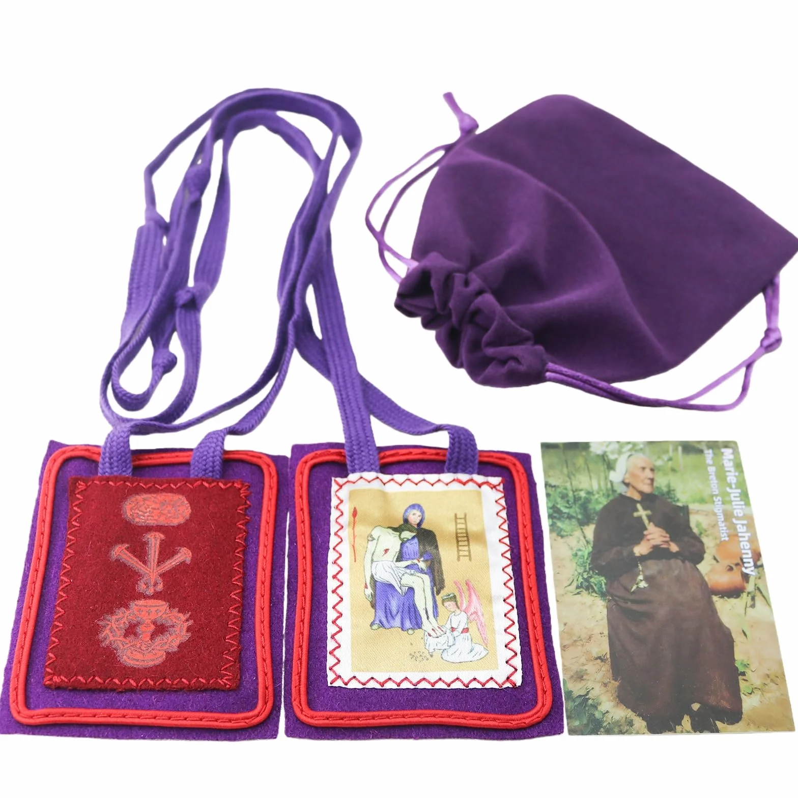 MERCILIA MEISHILAI Escapulario morado de 7,6 x 6,3 cm - Escapulario de lana Escapulario Morado de Bendición y Protección para los tiempos finales - Incluye bolsa de terciopelo morado y tarjeta de
