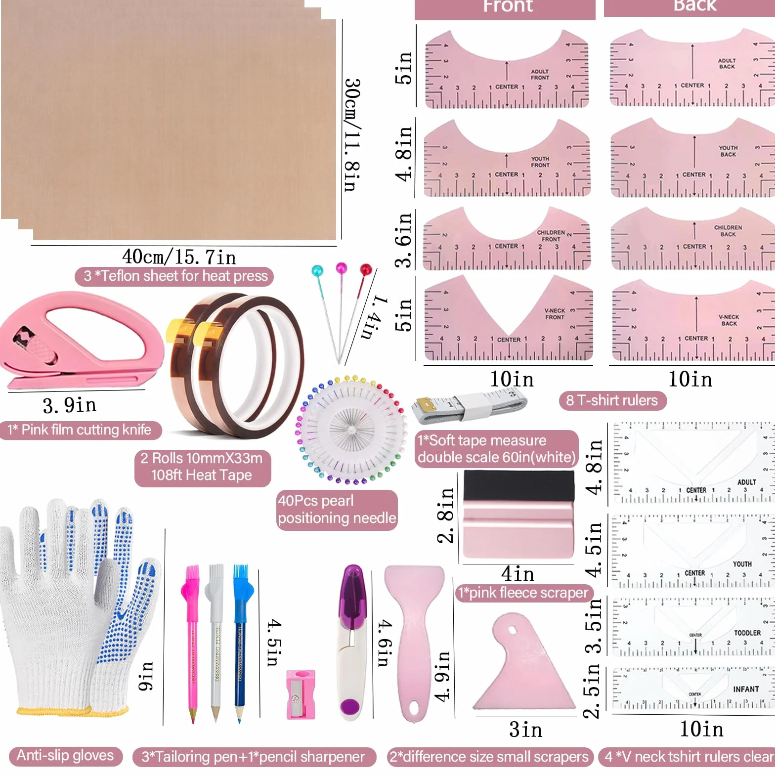 QUKLOGEN 68 Piezas Juego de Herramientas para Camiseta de sublimación,lámina de teflón para Prensa de Transferencia,Camiseta Ruler Guide Alignment para Accesorios de Costura, Accesorios de Plotter