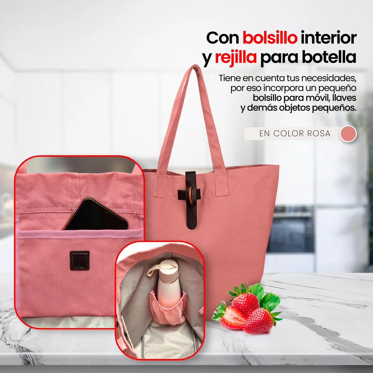 IRIS BARCELONA - Natural Tote Bag, Bolsa Tote Estilo Lunch Bag y Bolso de Hombro 45,5 x 15,5 x 37 cm 15 l Rosa