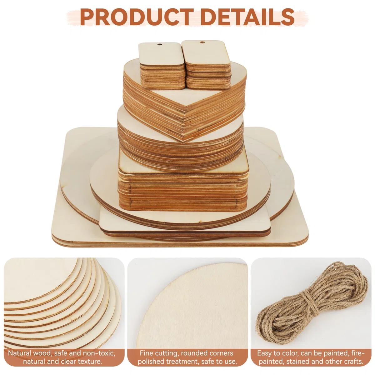 65 unidades de placas de madera sin tratar para manualidades, redondas, cuadradas, en forma de corazón, espacios en blanco, pirograbado, escritura, decapado de madera, juego para manualidades,