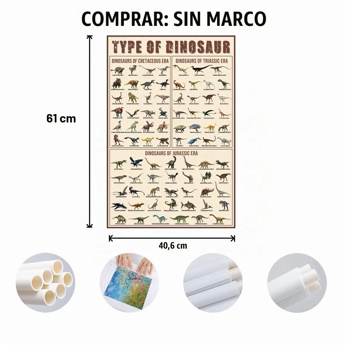 OLIKIUS Póster de Dinosaurios Tipos de Dinosaurios Póster Triásico, Jurásico y Cretácico Sin Marco 24 x 16 pulgadas