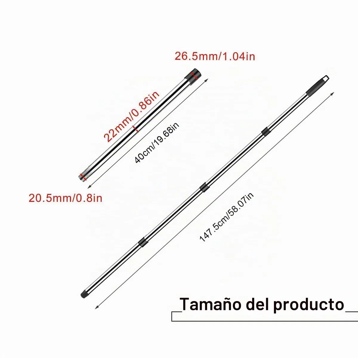 HASLED Pértiga Telescópica de Limpieza 147cm - Acero Inoxidable - 4 Secciones Ajustables - Compatible con Accesorios de Limpieza - Para Cristales, Piscinas y Techos
