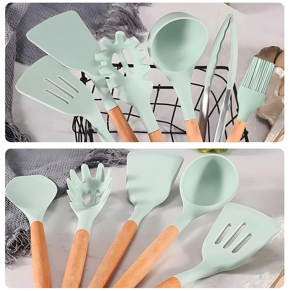 Set de utensilios de cocina, 12 piezas, utensilios de cocina con mango de silicona y madera, saludables, con revestimiento antiadherente, aptos para lavavajillas, diseño resistente al calor.