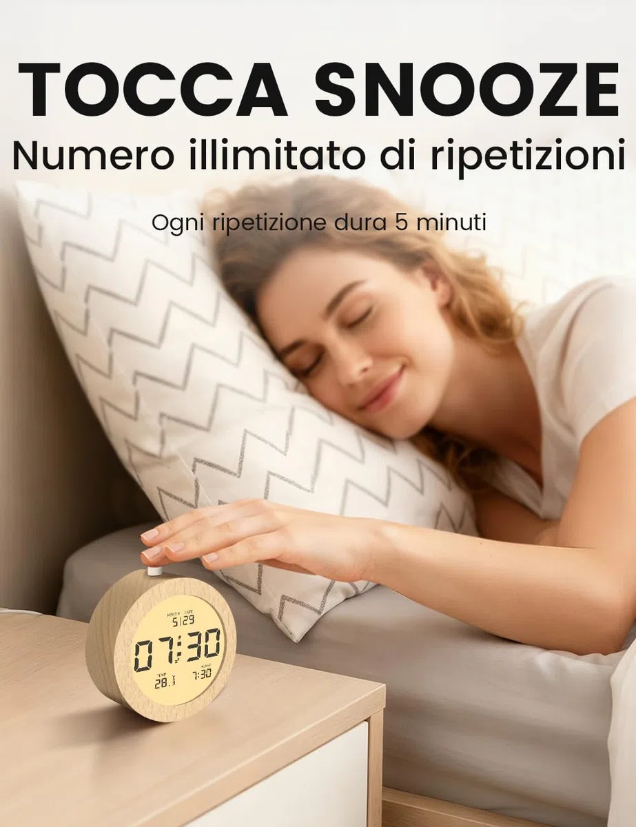 aboveClock Despertador Digital, Despertador De Madera con Pantalla LCD Que Muestra Temperatura Y Fecha, Función Snooze, Retroiluminación, Funciona con 3 Pilas AAA (Pilas No Incluidas)