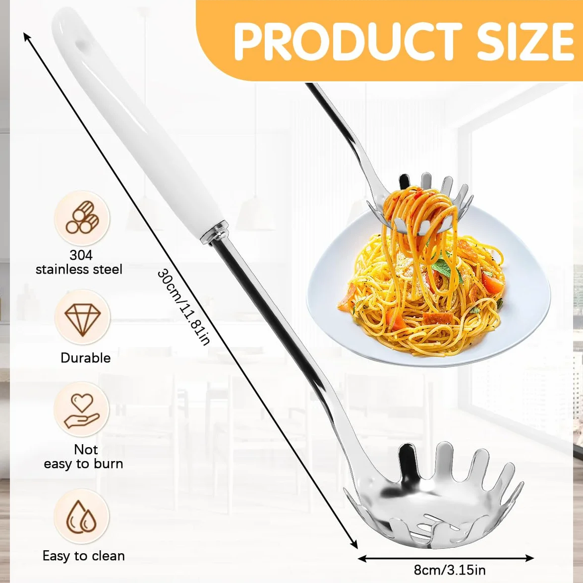 Cuchara de Pasta, Cuchara para Espaguetis de Acero Inoxidable, Cuchara para Fideos con Mango de Cerámica, Servidor de Espaguetis Colgante, Cuchara de Pasta para Cocina 30cm/11. 81 Pulgadas
