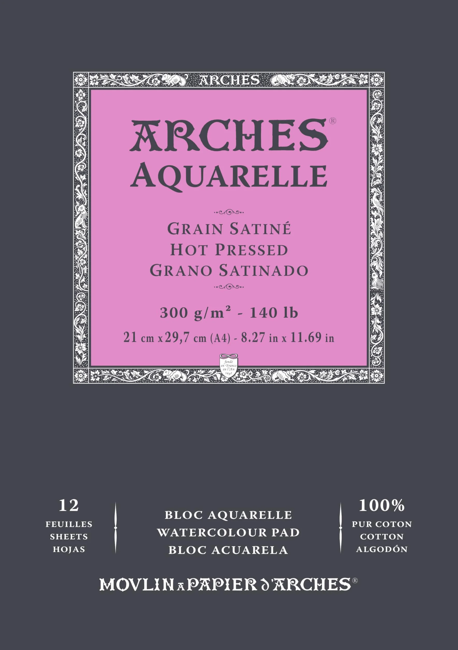 Arches Aquarelle 100% Satin 300g Bloc Encolado A4 12 hojas Blanco Natural