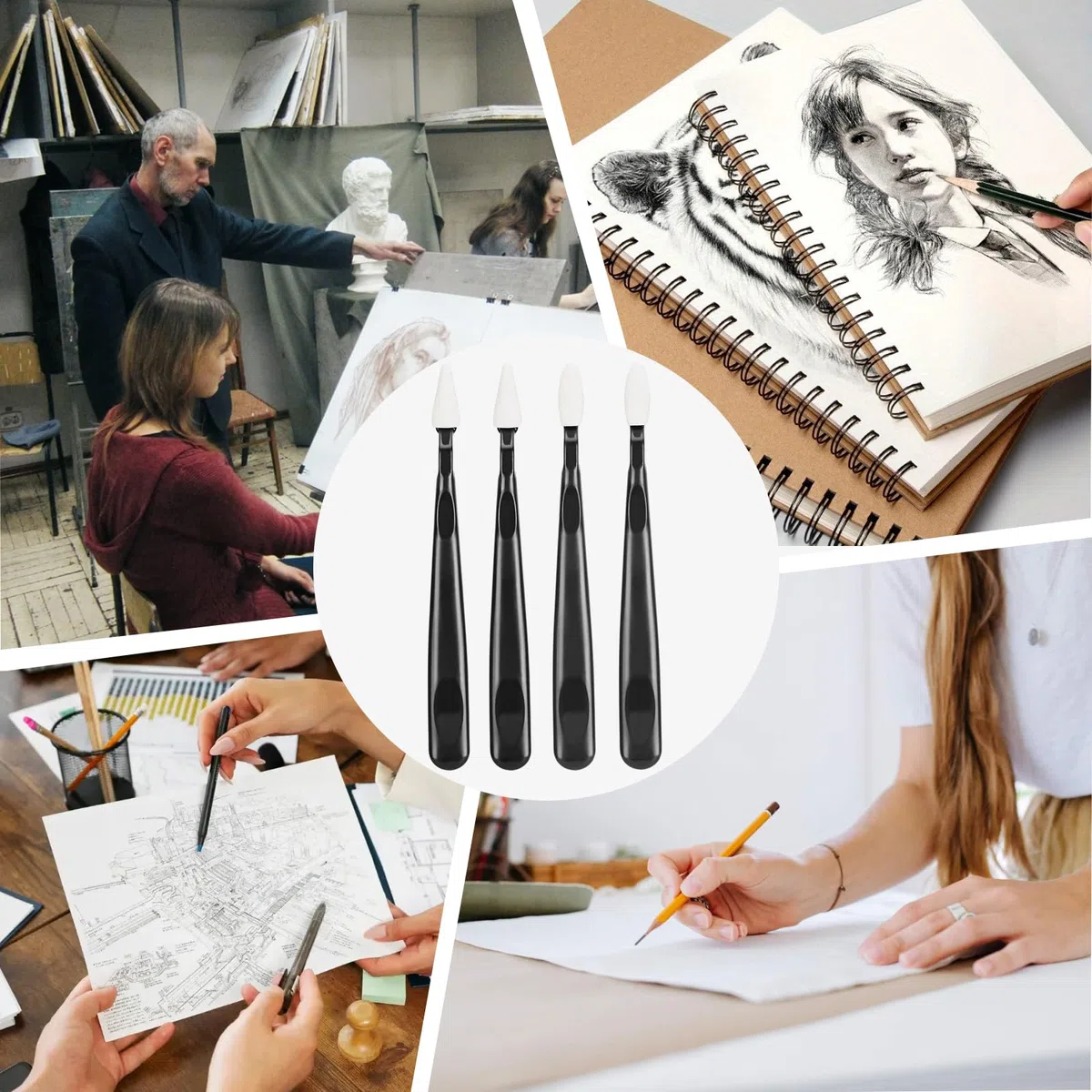 AGPTEK 84 Pcs Difuminadores de Dibujo para Bocetos, Lapices de Difuminos Artístico, 80 Puntas de Esponja Reemplazables, Boceto Esponja Limpiaparabrisas, para Estudiantes Artistas Carbón Boceto