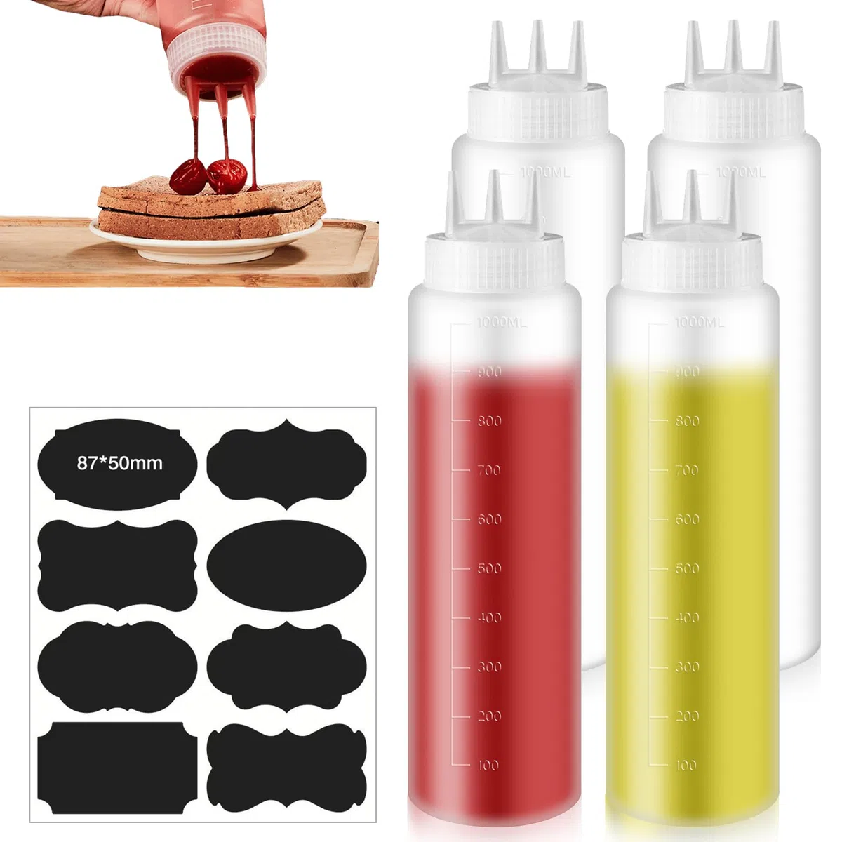 4 frascos de 1000 ml, con 3 boquillas, botella de salsa con escala de medición, a prueba de fugas, multiprensado, botella grande para salsas de ketchup, mayonesa y mostaza