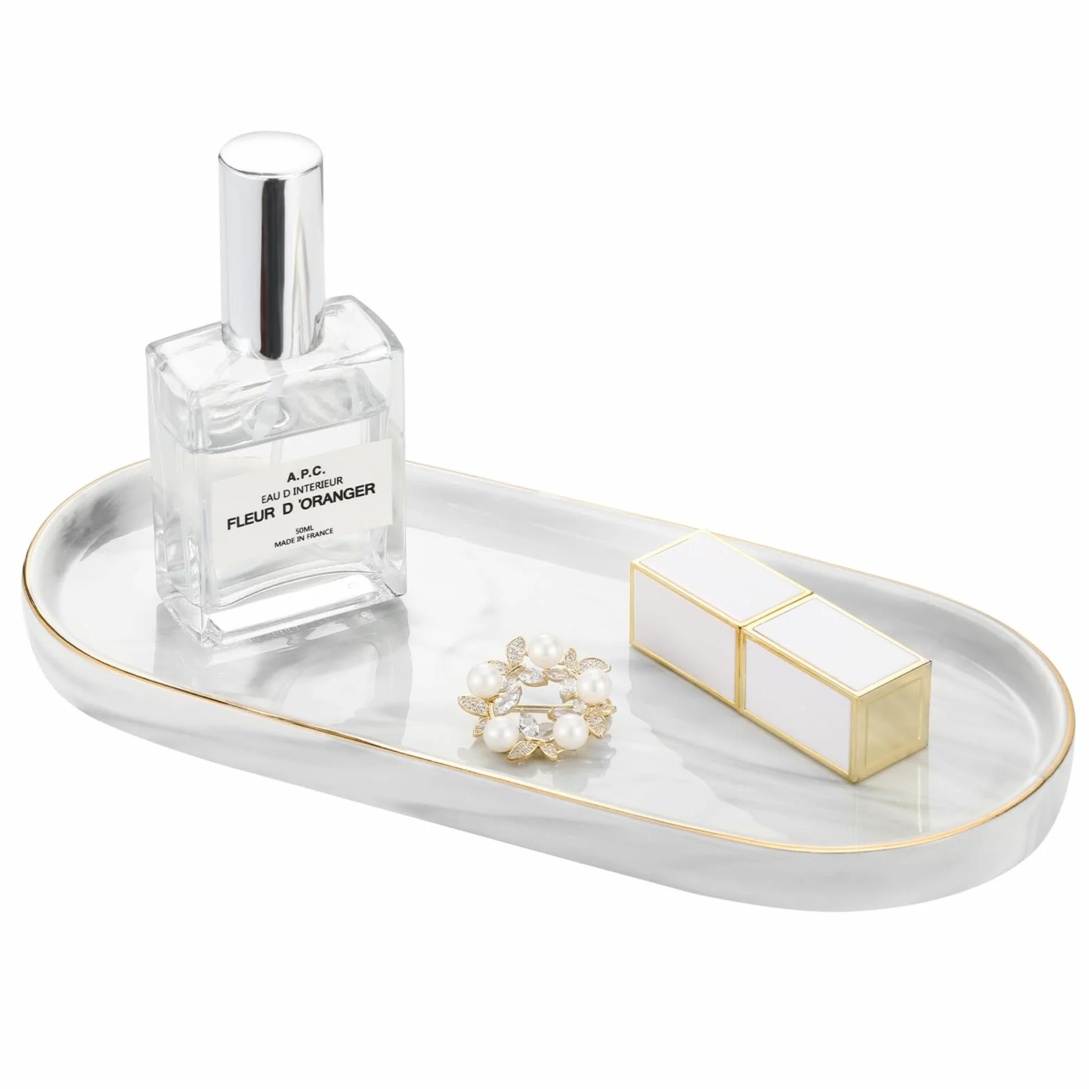 Luxspire Bandeja de Cerámica de Mármol, Bandeja Decorativa para Almanecer Joyas, Bandeja Elíptica con Bordes Dorados para Baño, Mesa, Perfume - Mármol Blanco
