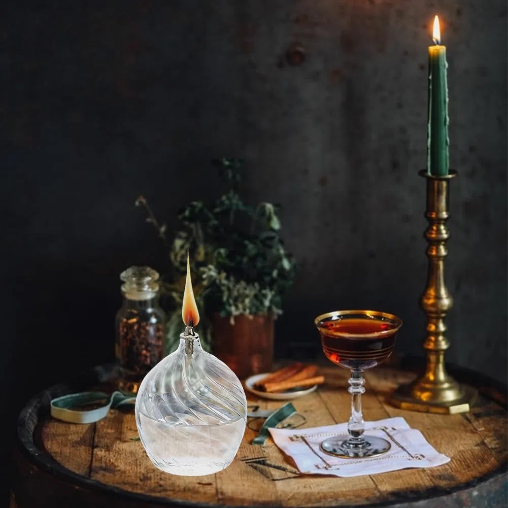 SUPERFINDINGS 2 juegos lámparas de aceite de vidrio Clear,luces de té de combustión larga,15.2cm,Lámpara de Aceite para Interiores,aspecto único con rosca interior,mecha de algodón y soporte incluidos
