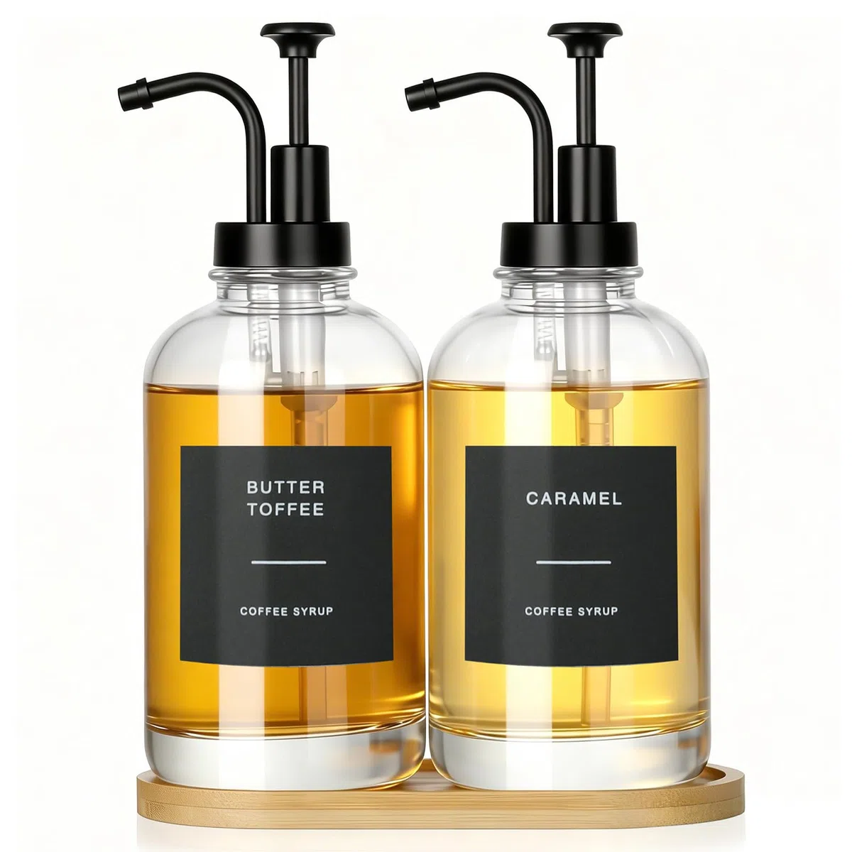 VINATO Set of 2 Dispensador de Aceite y Vinagre con Bandeja de Bambú,500 ml Dispensador de Jarabe de Café,Dispensador de Jarabe de Café con 36 Etiquetas,16 oz Botellas de Jarabe Vidrio para Cocina