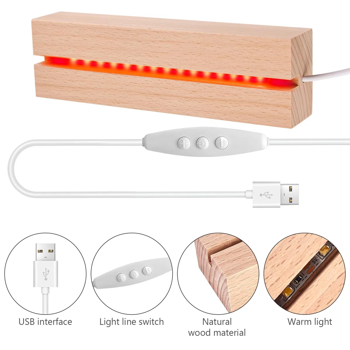 Base luminosa LED de madera – Base cuadrada para bolas de cristal, joyas, resina – Juego de 4