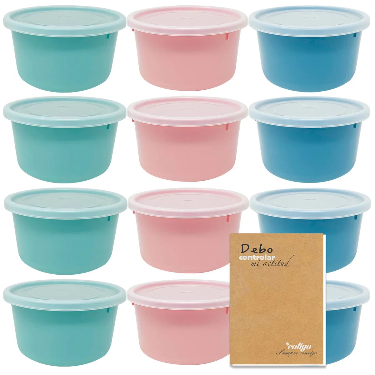 Codil - Juego de envases de plástico de grado alimenticio, redondos, reutilizables sin BPA, con tapa, para microondas y congelador, color rosa verde y azul, 12 x 0,3 l