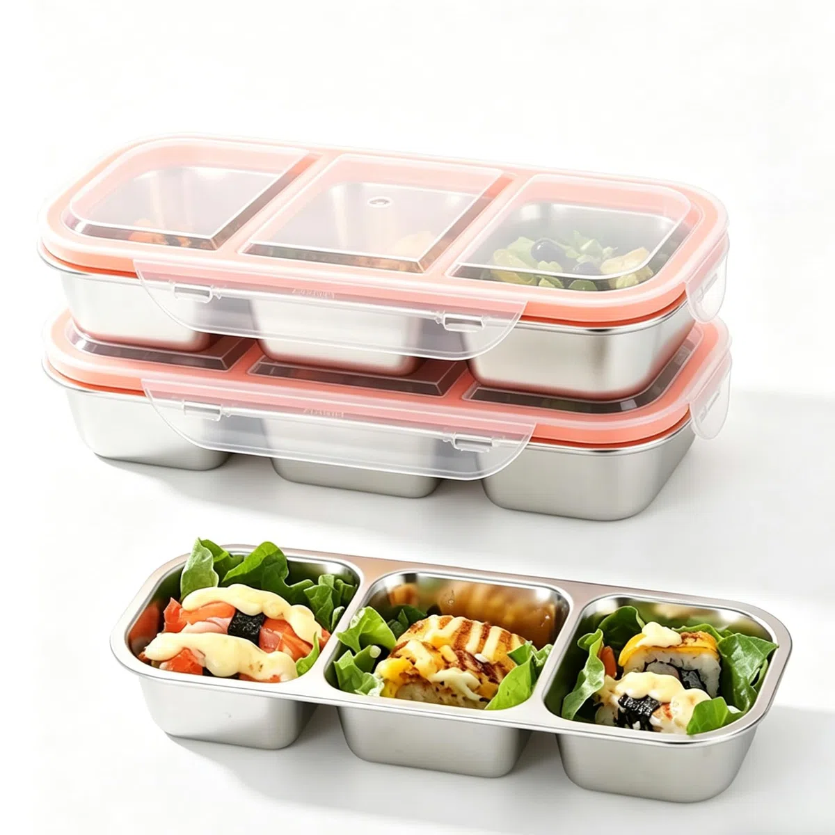 Pack de 2 cajas para snacks con 3 compartimentos, inox 600 ml, tapa antifugas, apta lavavajillas. Para niños, colegio, oficina, camping, fruta, ensalada, aperitivos