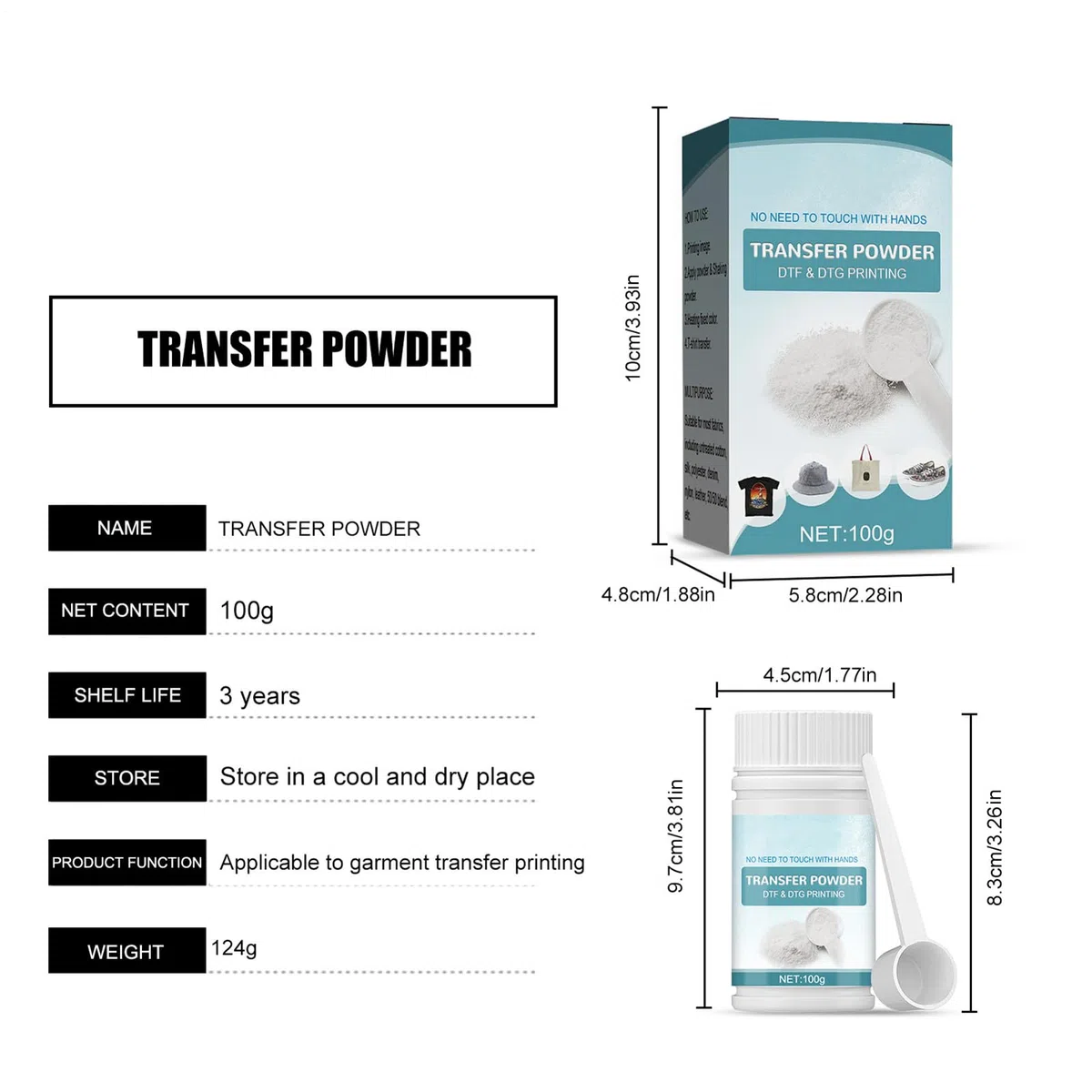 DTF Polvo Blanco Digital Transferencia Hot Melt Adhesive, DTF PreTreat Transferencia Polvo Para Prendas Negras u Oscuras, DTF Hot Melt Adhesive Powder Para Todas Las Impresoras DTF y DTG, 100 G/3.5 Oz